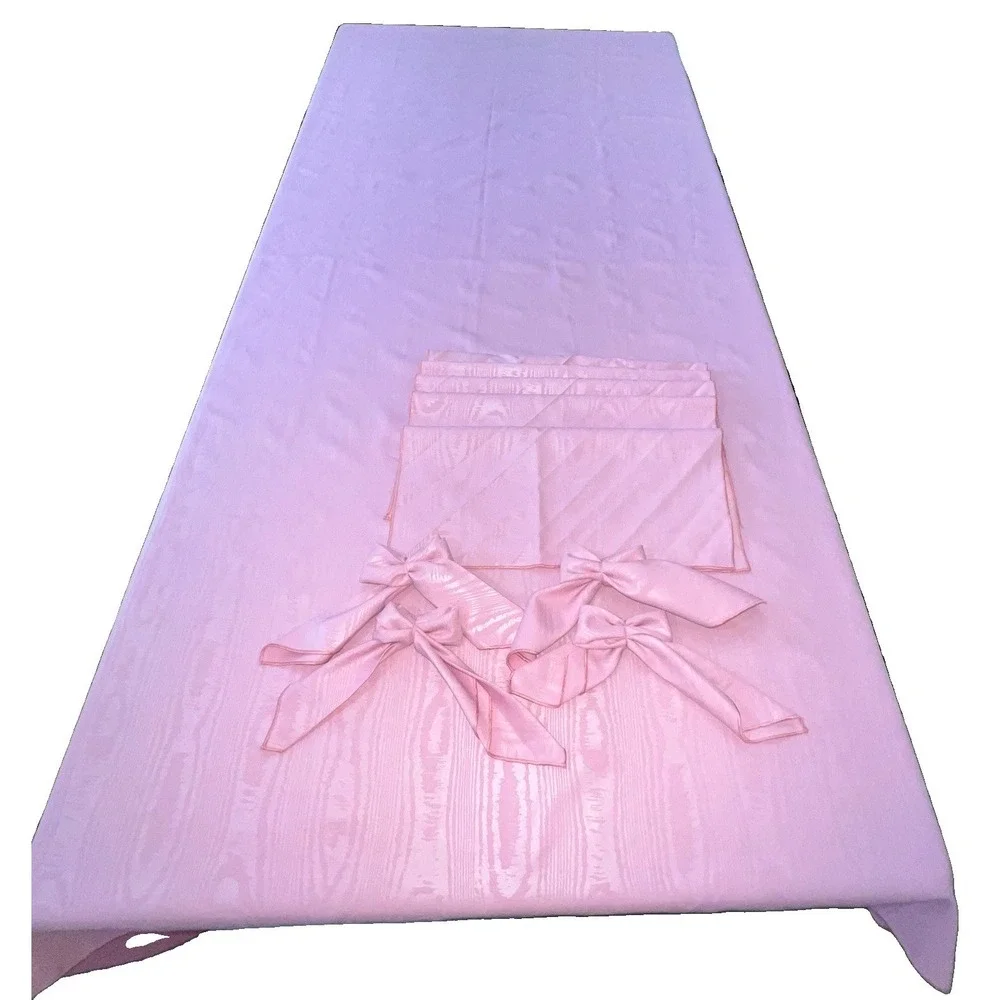 Vintage Rose Pink Moire Tablecloth 80x60 9 Matching Napkins Rectangle Wood Grain